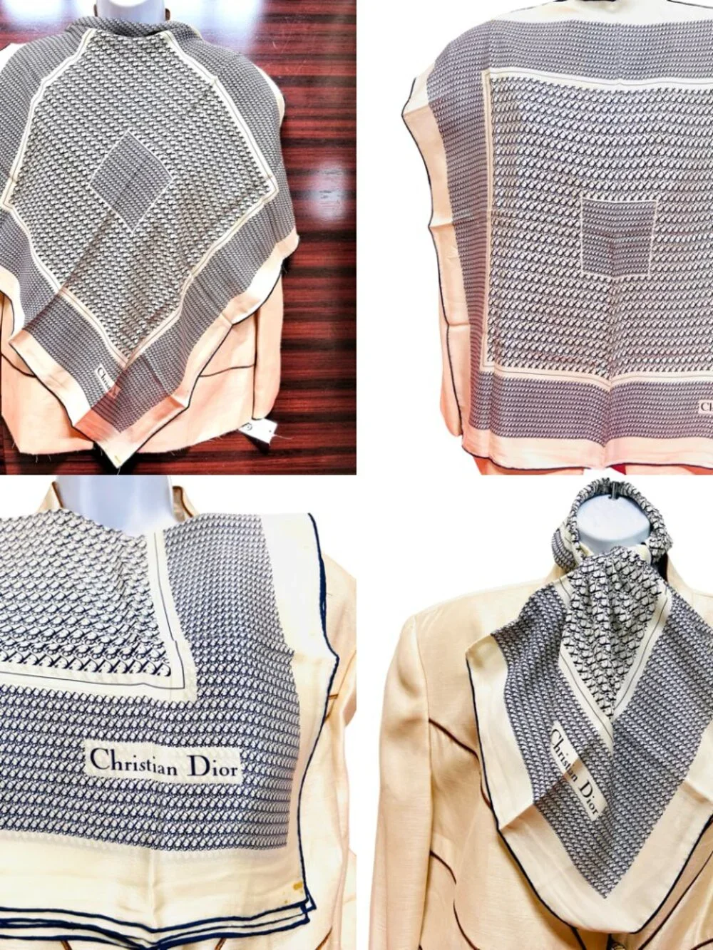 Christian Dior 100% Sil kSatin  Scarf 26" Ivery Blue Logo Printed All Over (14 - Picture 8 of 15